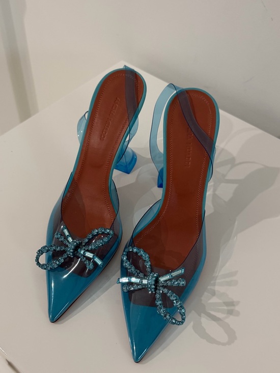 Amina Muaddi Shoes - Amina Muaddi Teal Pointed PVC Slingback Pumps with Crystal Bow